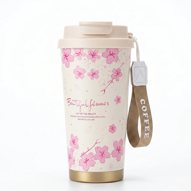 520ml insulated stainless steel ceramic lined coffee cup BC-0387-C floral pink floral designs