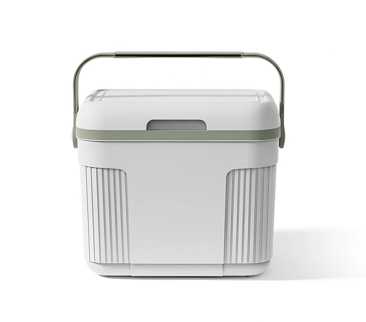 White 10-liter cooler bin with an open lid, showing a removable blue ice pack and a green interior 144-4
