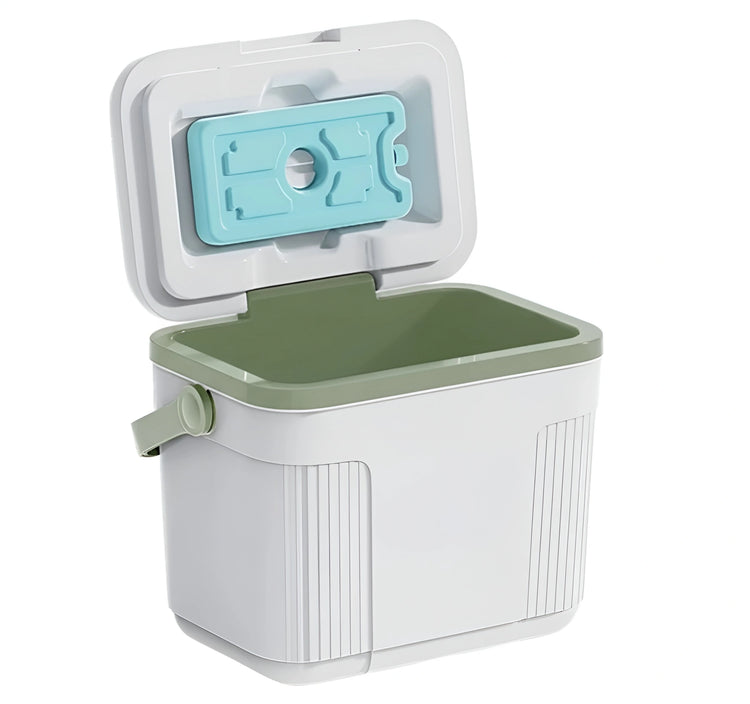 White 10-liter cooler bin with an open lid, showing a removable blue ice pack and a green interior 144-4