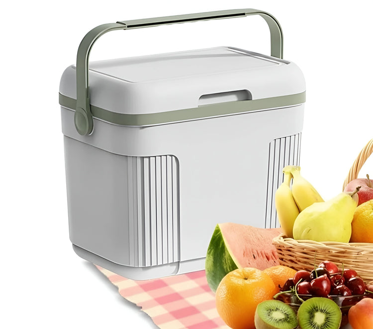 White 22-liter cooler bin with an open lid, showing a removable blue ice pack and a green interior 144-4