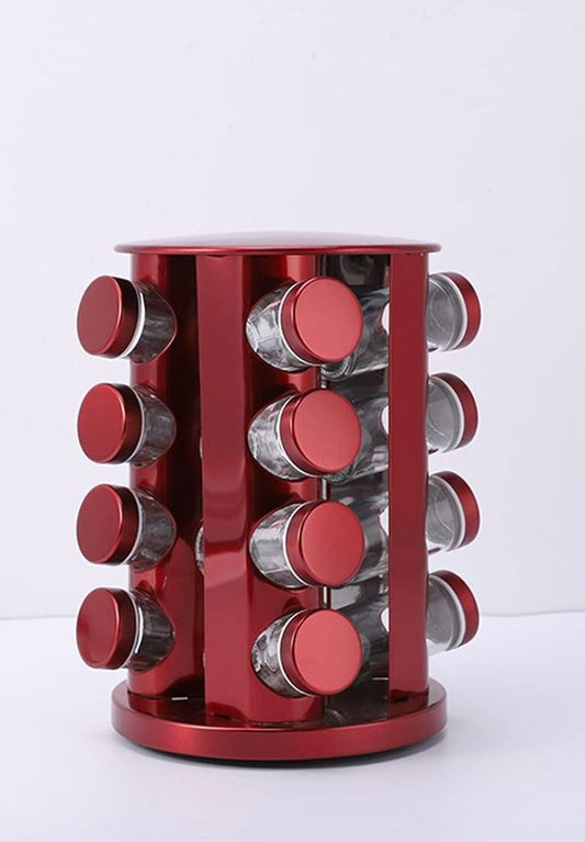 Spice Rack Stand Rotating Glass 16pc Red A66-16H