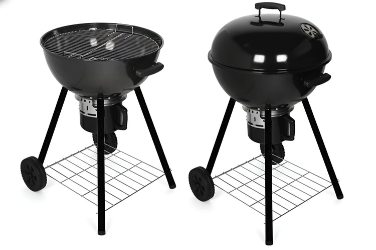 Black 19-inch BBQ charcoal grill with the lid off, showing the cooking grate and bottom rack 2020