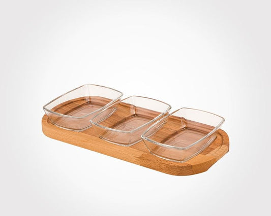 Snack Serving Tray with wooden base - 3 section 216259