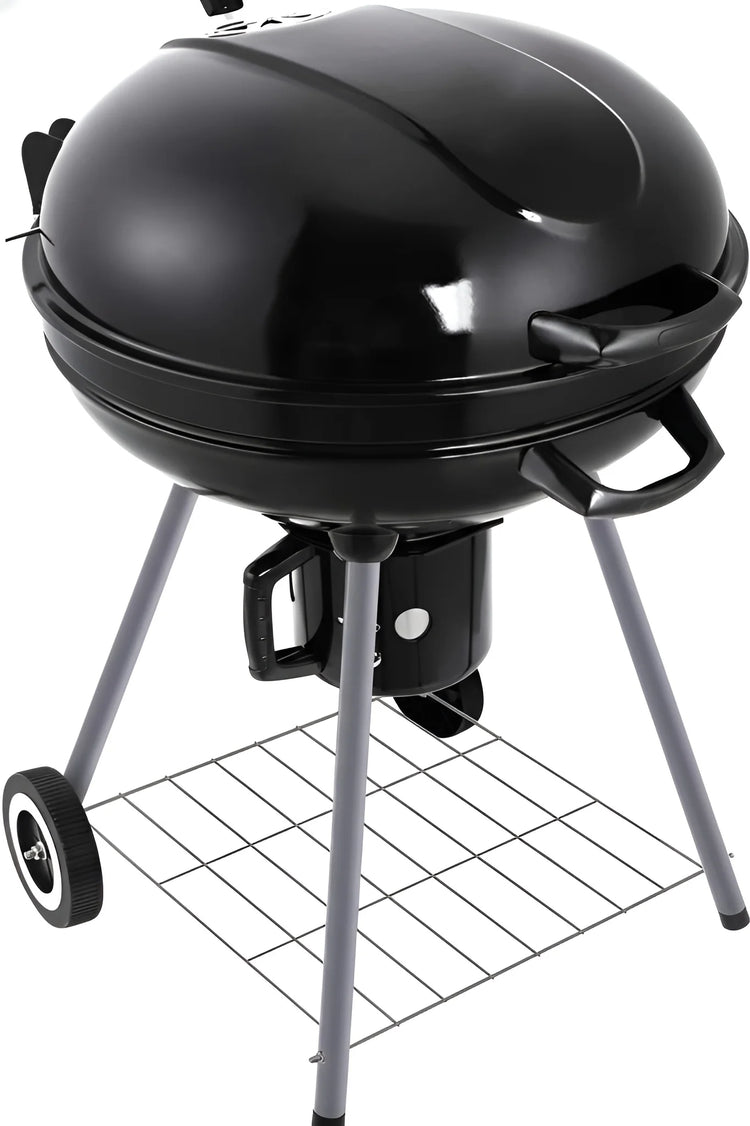 Black 22-inch charcoal BBQ kettle grill on a wheeled stand with a lid and handles 2020
