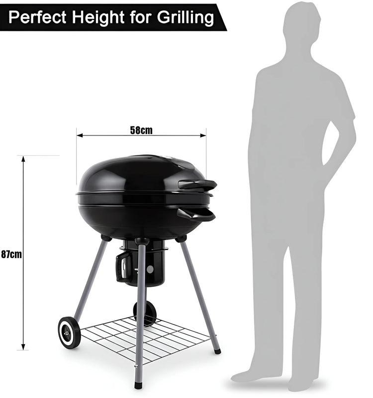Diagram of a 22-inch black BBQ kettle grill showing the height and width dimensions 2020