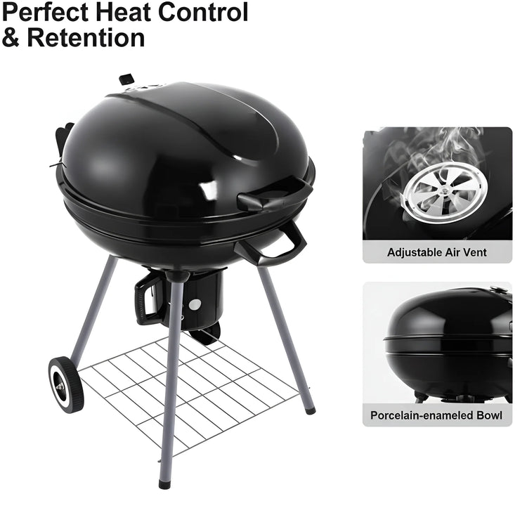 Close-up of a black enamel BBQ kettle grill showing the adjustable air vent and heat control features 2020