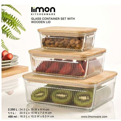 Glass Container Set Wooden Lid 3pcs 221159
