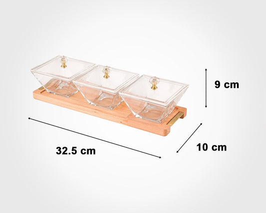 Snack Serving Tray Wooden Base 3 Section