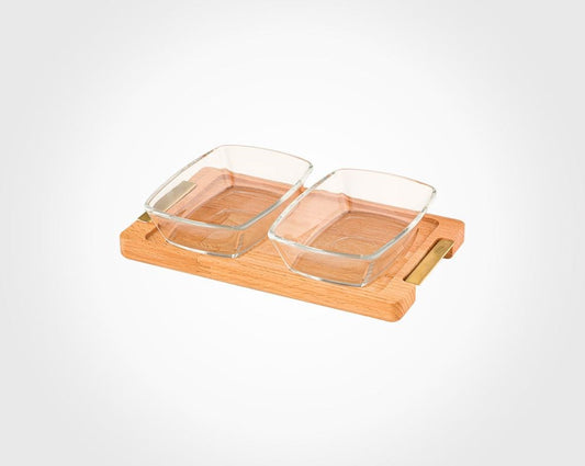 Snack Serving Tray with wooden base - 2 section 224459