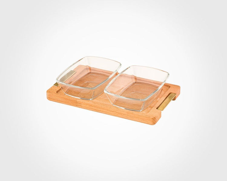 Snack Serving Tray with wooden base - 2 section 224459