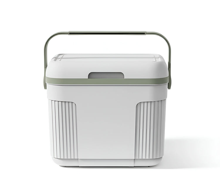 White 22-liter cooler bin with an open lid, showing a removable blue ice pack and a green interior 144-4