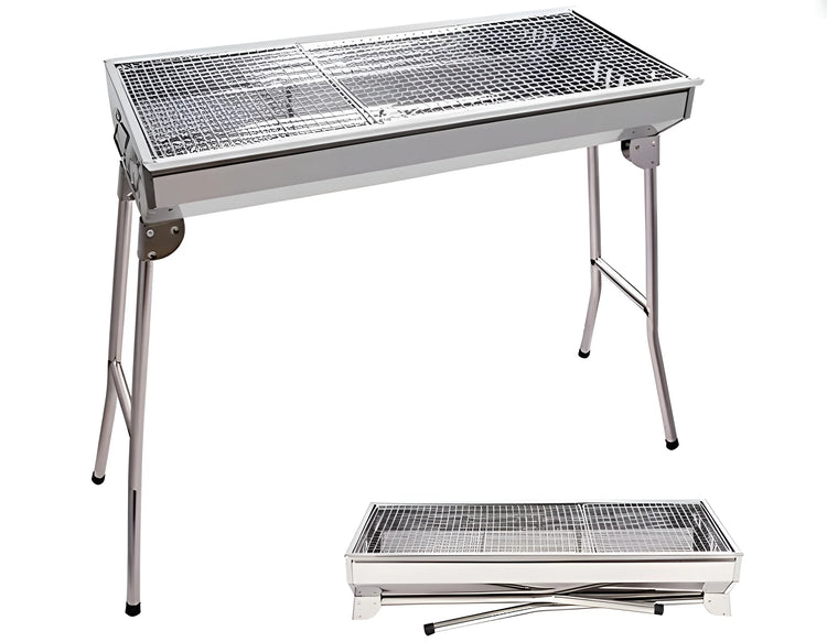 Stainless steel charcoal BBQ grill with folding legs, shown in both upright and folded positions 2051