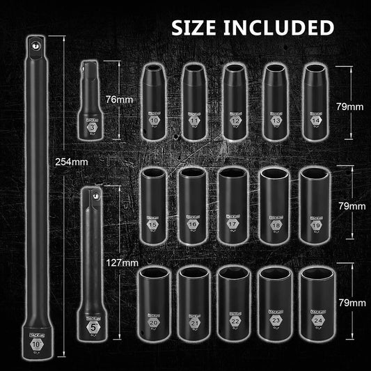 DEEP BLACK IMPACT SOCKET SET 1/2" DR 18PCS