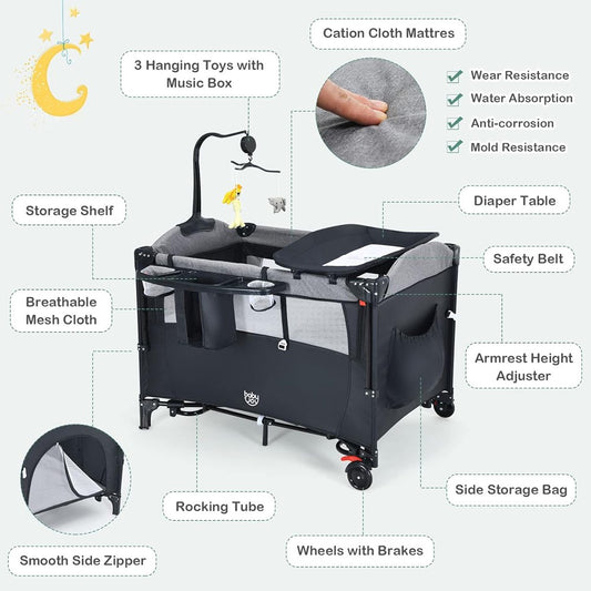 5 IN 1 BABY COT 2 LEVEL COT WITH MATTRESS CHANGING MAT TOYS FOLDABLE SIDE