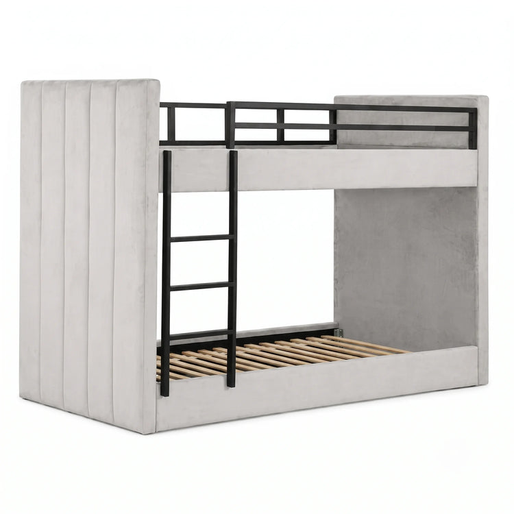 Light grey velvet single bunk bed frame with padded upholstery, black metal ladder, upper guard rail and wooden slats, Product Code 4879