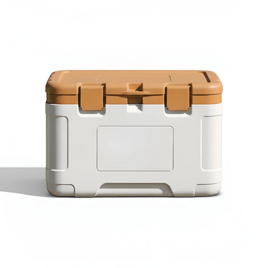 Frontal view of a durable 50L camping cooler in white and brown with a sturdy handle and latches 144-5