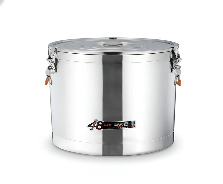 Frontal view of a 50-liter stainless steel cooler bin with a secure lid and carry handles YS19022