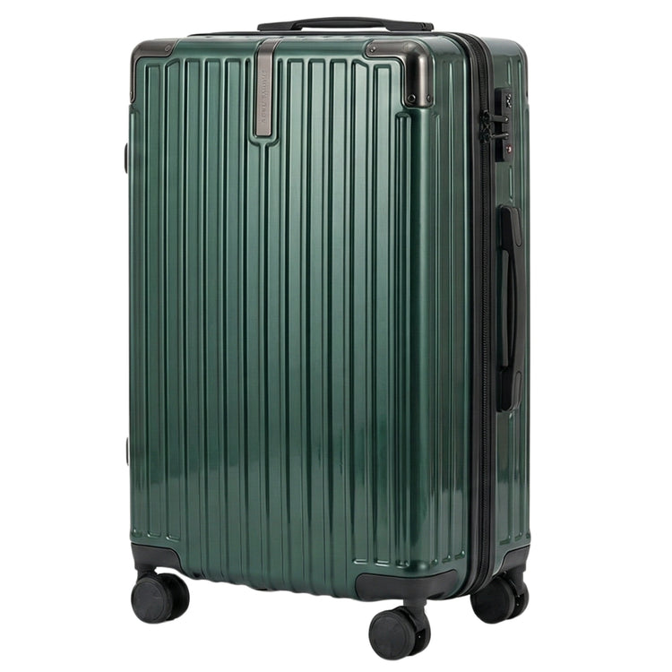Set of green suitcases with black handles and wheels on a white background