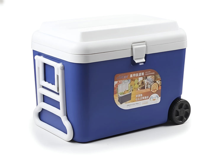Blue 60-liter GiNT cooler box with a white lid, handle, and a non-slip bottom AS.