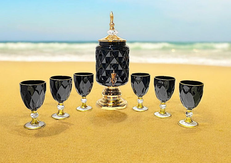 Black Drink Dispenser with Gold stand and Cup Set 7pc