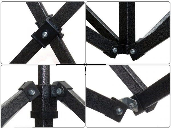 Collapsible metal stand with crossbars and screws on a white background