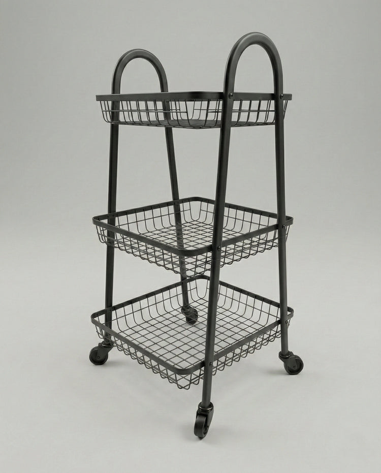 3-tier metal rolling utility cart with mesh baskets, arched handles, and caster wheels, shown in black and white options for home organization.