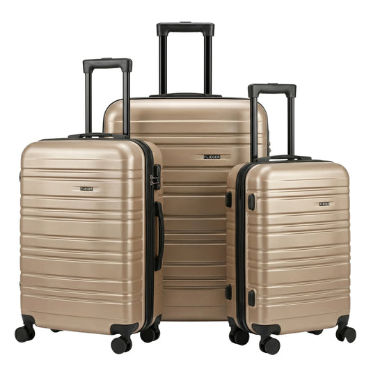 FLIEGER 8844 3pc hard shell suitcase set in black, navy, champagne, and grey featuring 360 degree mobility and lightweight spinner design.