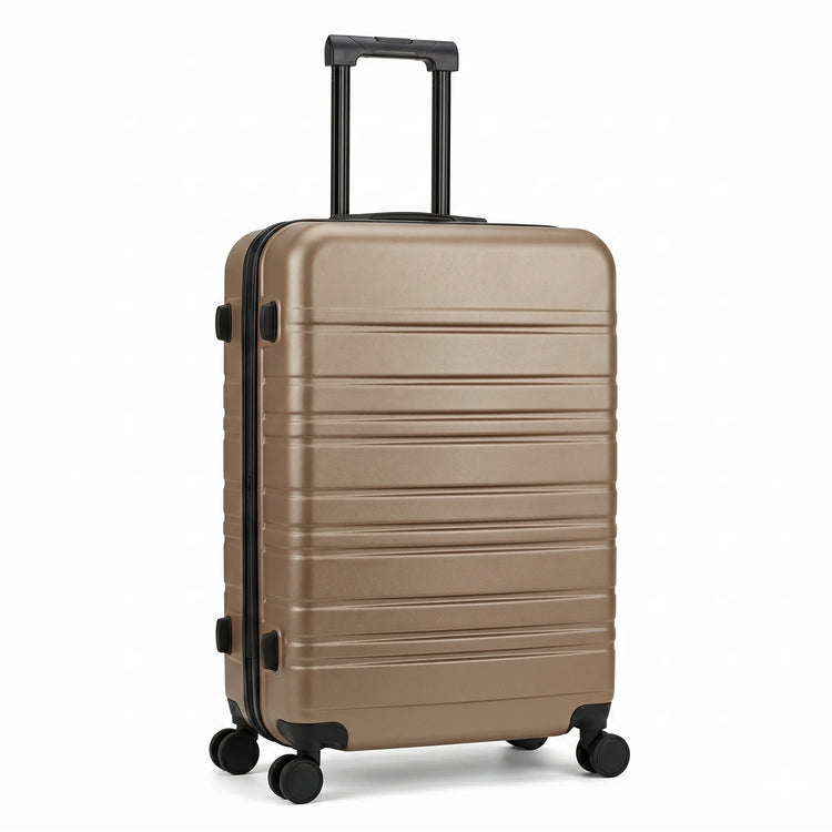 FLIEGER 8844 3pc hard shell suitcase set in black, navy, champagne, and grey featuring 360 degree mobility and lightweight spinner design.