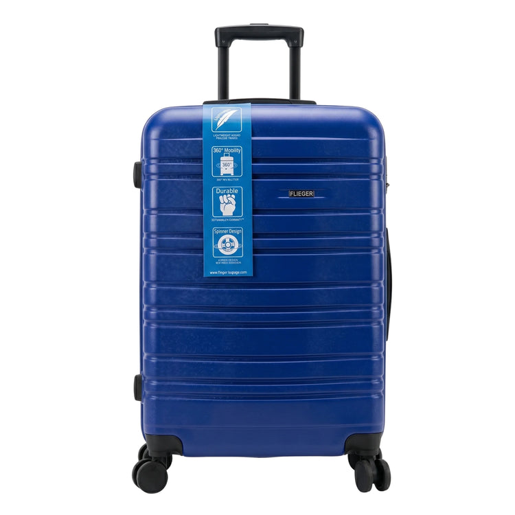FLIEGER 8844 3pc hard shell suitcase set in black, navy, champagne, and grey featuring 360 degree mobility and lightweight spinner design.