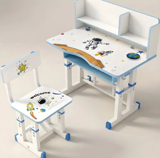 Blue and white adjustable height kids study workstation featuring a bookshelf hutch, storage drawer, and backpack hook.