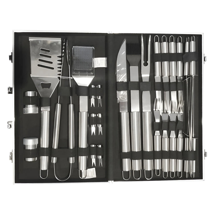 Open silver aluminum hard case displaying a comprehensive 26-piece stainless steel BBQ set including spatula tongs steak knives skewers and corn holders.