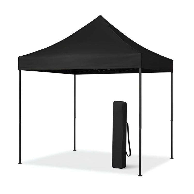 black pop-up gazebo canopy tent with a rolled-up carrying bag on a white background