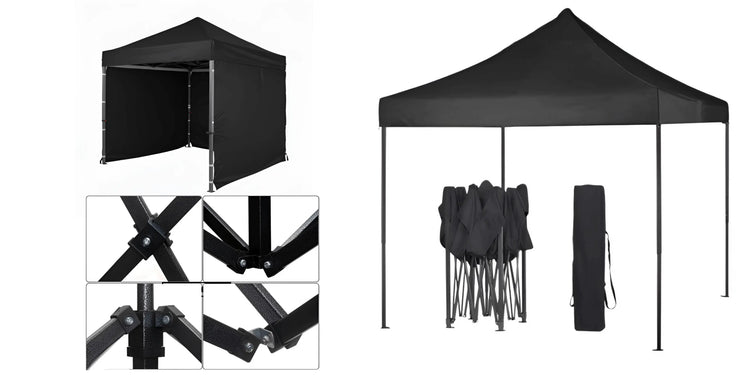 Black 2m x 2m Instant Canopy with 3 side walls and a durable carry bag. Steel Gazebo.