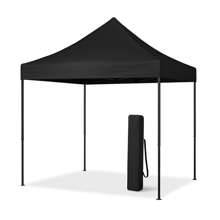 Front view of a portable 2x2 meter steel frame black gazebo, shown with its carrying bag.