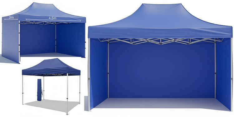 blue pop-up aluminum heavy duty canopy tent Gazebo 3m x 4.5m with 3 Side Walls and metal frame. Outdoor Panels for Privacy on a white background