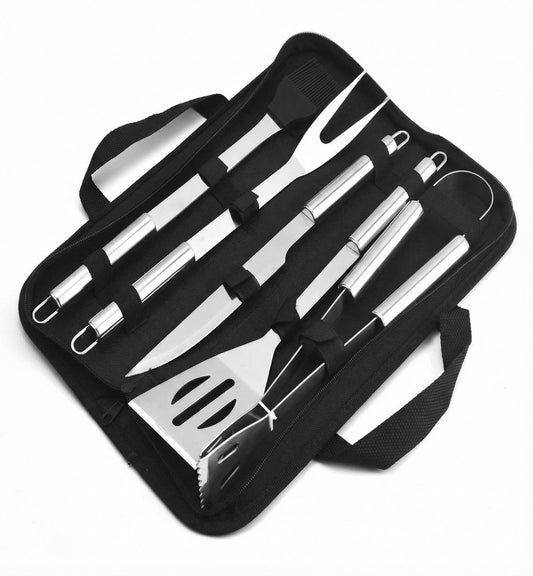 Open black zippered carrying case displaying 5-piece stainless steel BBQ tool set including spatula tongs carving knife fork and basting brush.
