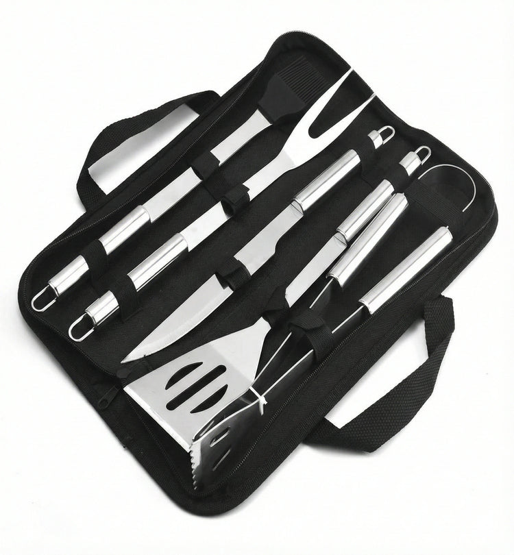 Open black zippered carrying case displaying 5-piece stainless steel BBQ tool set including spatula tongs carving knife fork and basting brush.