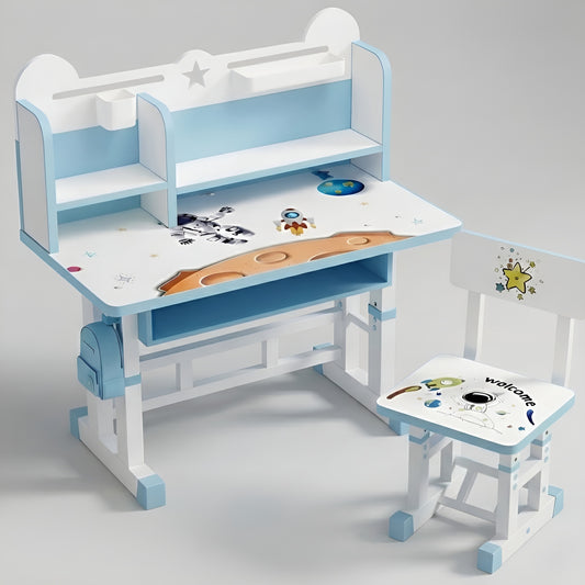 Blue and white adjustable height kids study desk and chair set featuring space astronaut graphics, bookshelves, and a school bag hook.