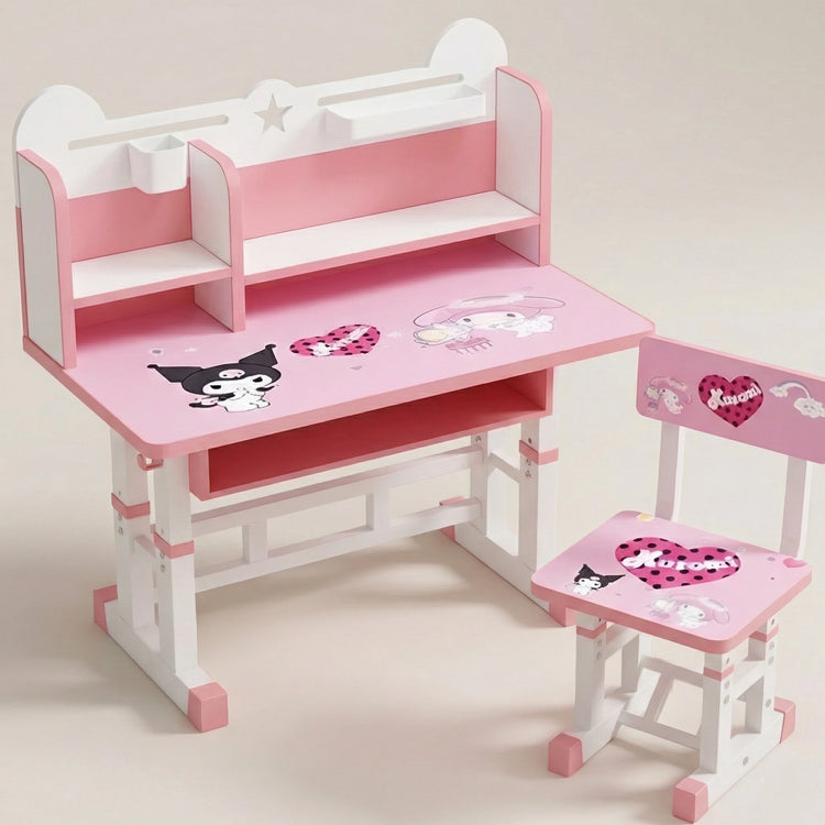 Pink and white adjustable kids study desk and chair set featuring character art, built-in bookshelves, and a hanging school bag.