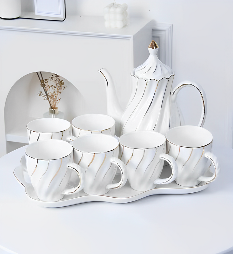 Tea Pot and Cup 8pc Set White D-5