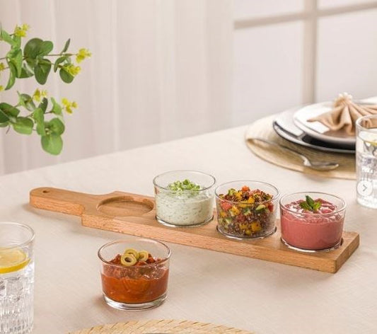 Snack Serving Tray With Wooden Base -190 ML - 4 section