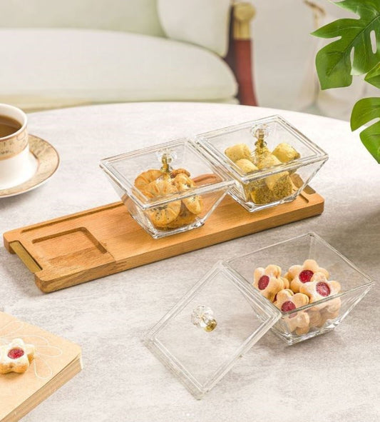 Square Snack Serving Tray With Wooden Base - 3 section