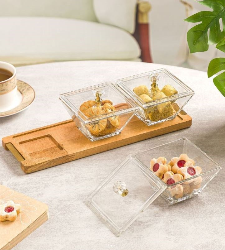 Square Snack Serving Tray With Wooden Base - 3 section