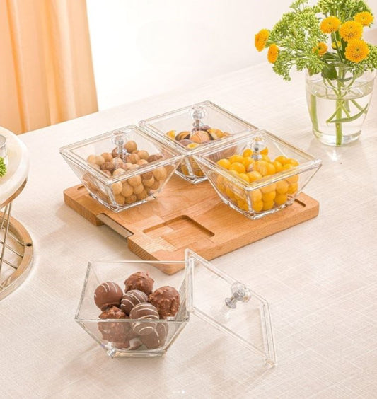 Square Snack Serving Tray With Wooden Base - 4 section 224359