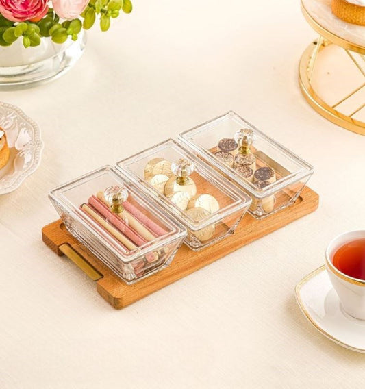 Rectangle Snack Serving Tray With Wooden Base - 3 section