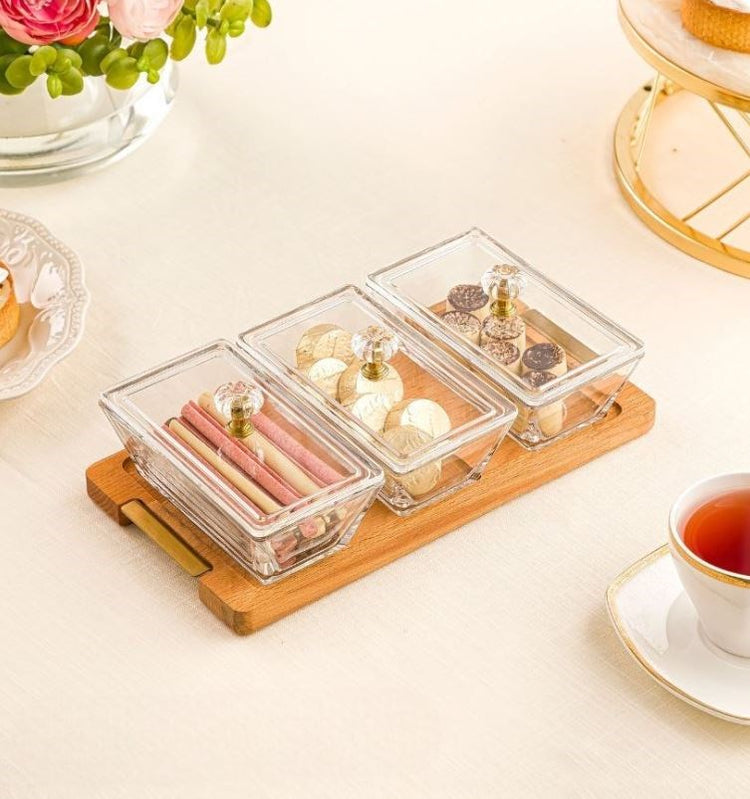 Rectangle Snack Serving Tray With Wooden Base - 3 section