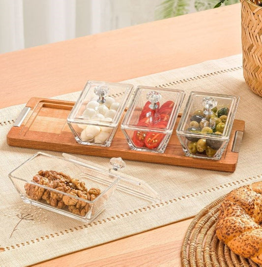 Rectangle Snack Serving Tray With Wooden Base - 4 section