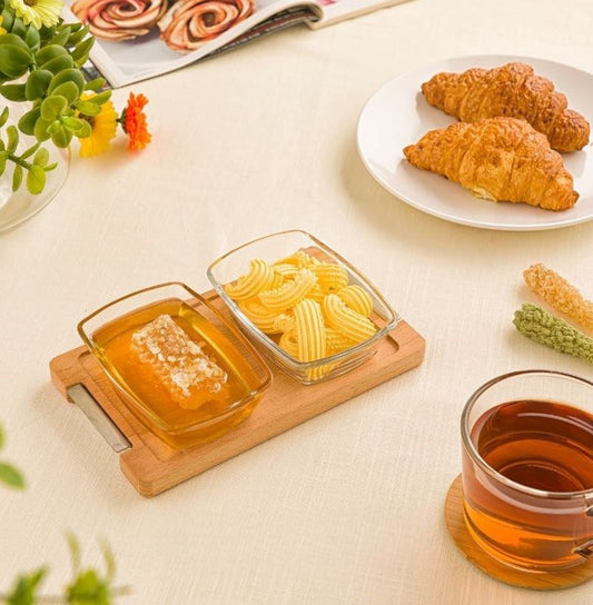 Small Snack Serving Tray with wooden base- 2 section