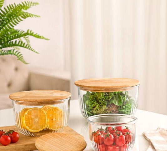 Glass bowl set with Wooden Lid 221259 (1/8L,970ML,470ML)