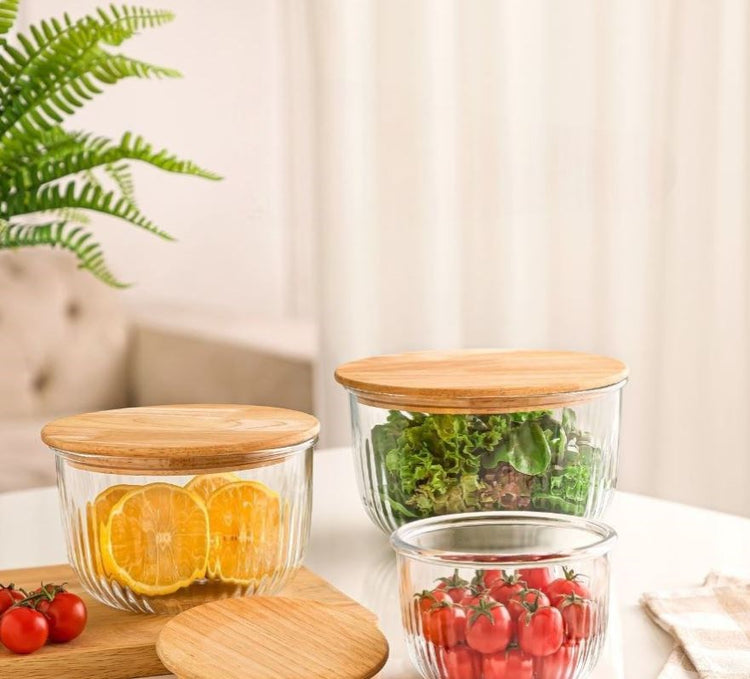 Glass bowl set with Wooden Lid 221259 (1/8L,970ML,470ML)